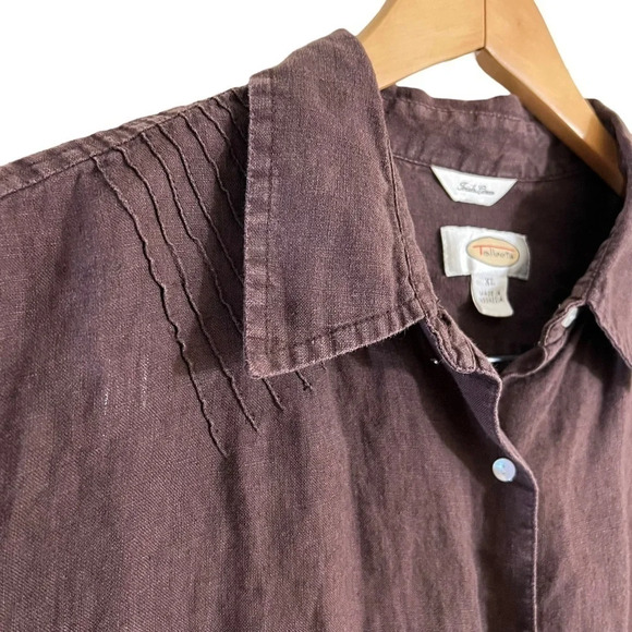 Talbots Chocolate Brown Irish Linen Button Up Shirt XL Pleating Details Collared - Picture 4 of 8
